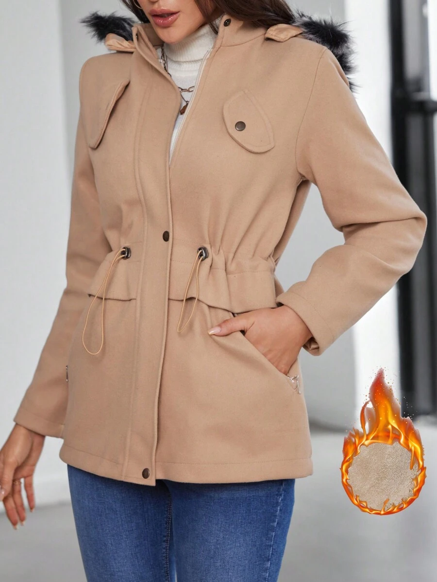 RueChic Drawstring Waist Fuzzy Trim Hooded Overcoat - Khaki - View 1