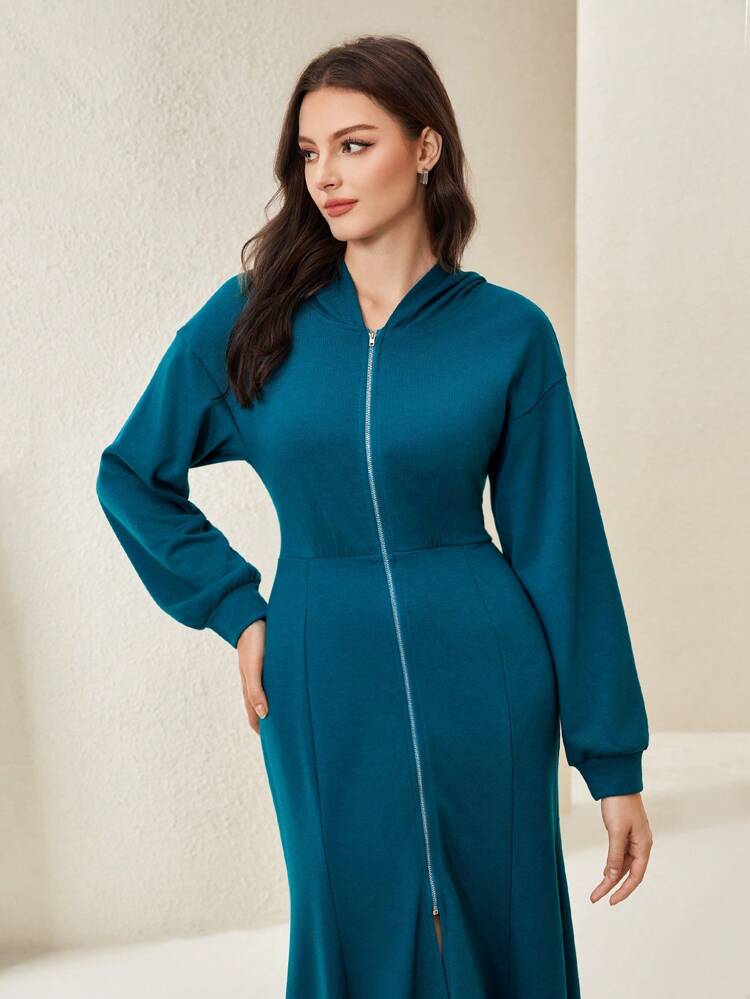 Zip Up Split Thigh Hooded Dress