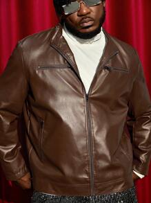 Manfinity VCAY 男士加大拉链皮革外观夹克，适合秋冬 - 棕色 - 查看 3