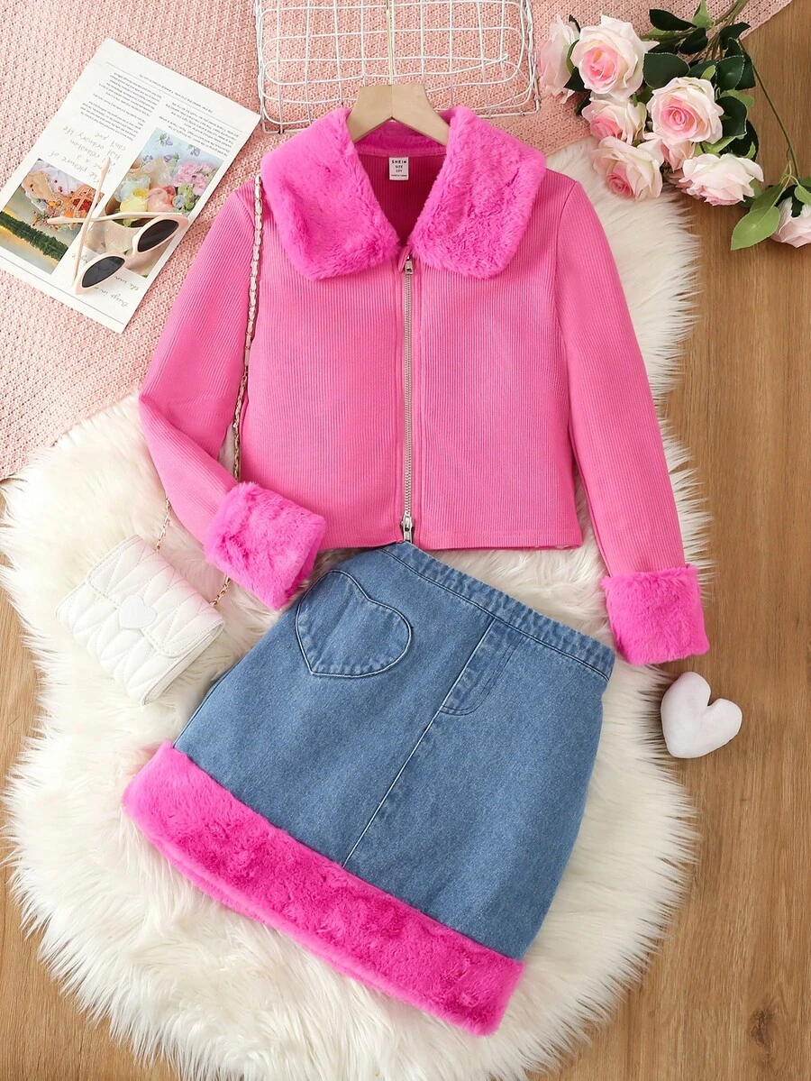 SHEIN Cô gái Tween Cổ áo Borg Dây kéo Áo khoác & Váy Denim - Màu Hồng Tươi - Xem 1