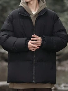 Manfinity Hypemode Ultra Loose Fit Men's Zip Up Padded Coat With Slant Pockets - Black - View 3