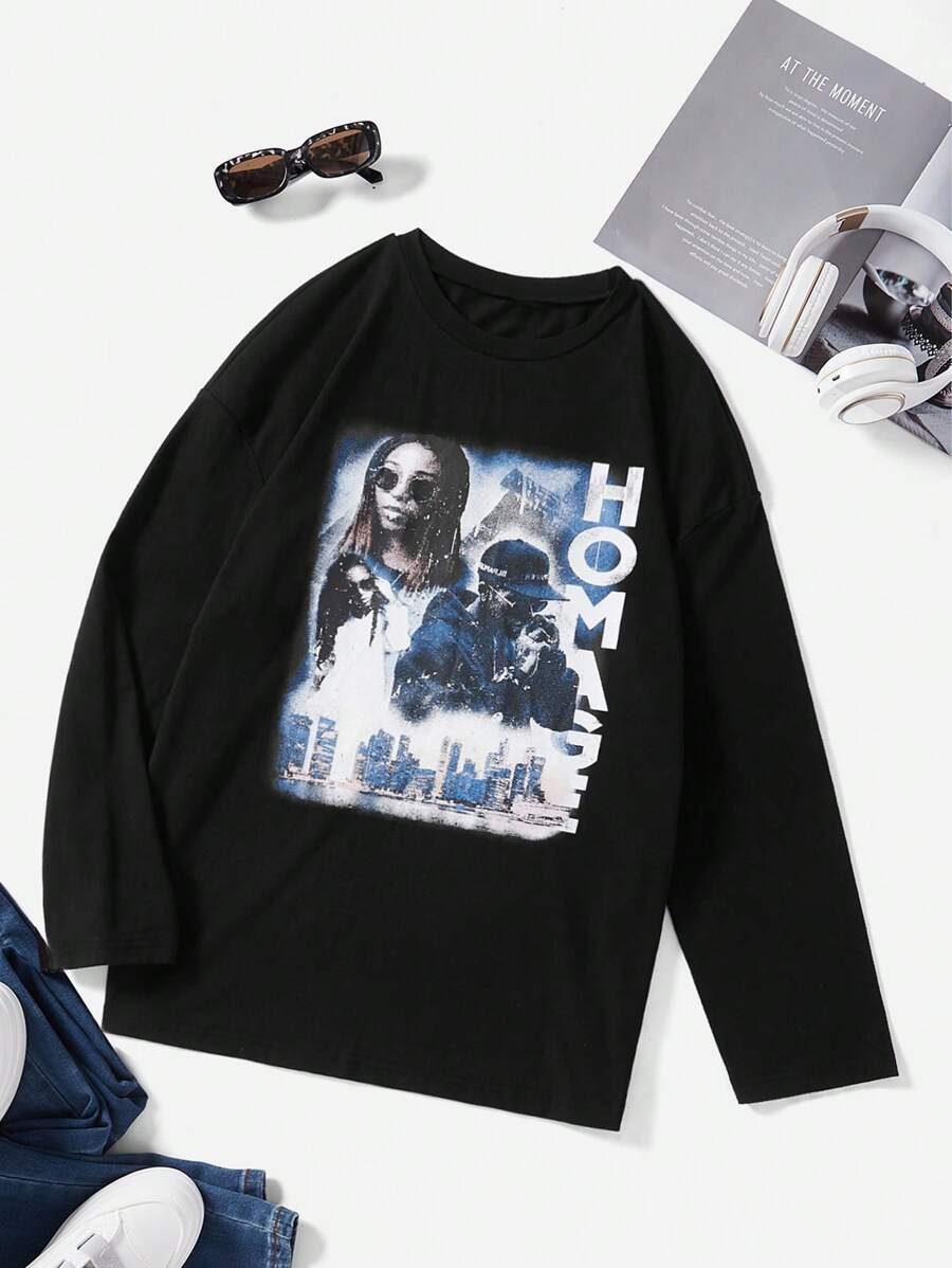 SHEIN EZwear Figure & Letter Graphic Tee - Black - View 1