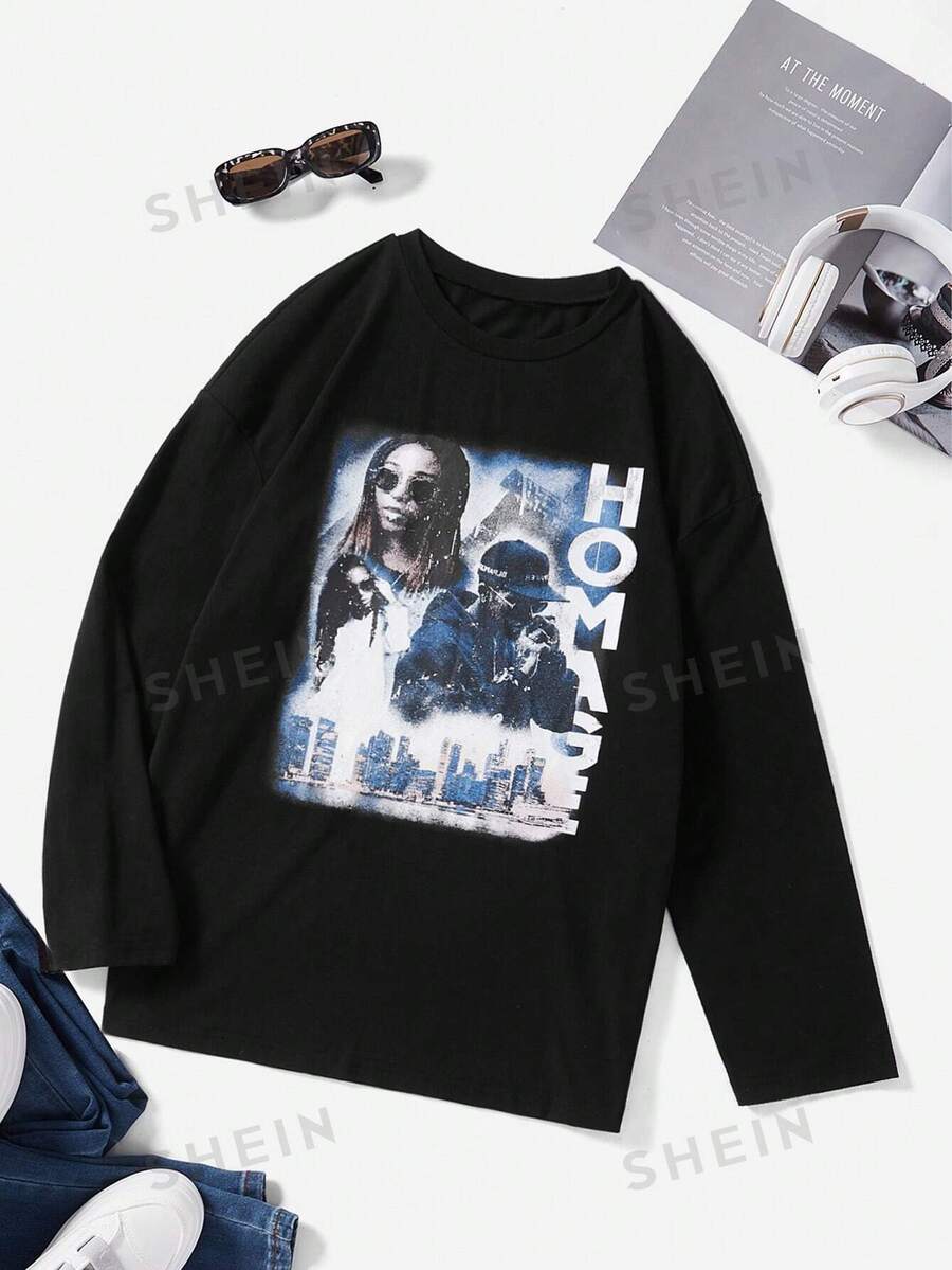 SHEIN EZwear Camiseta con estampado de figura y letra