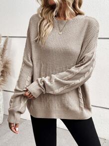 SHEIN LUNE Áo len chui đầu dệt kim kiểu dây cáp, vai rớt, thích hợp cho mùa thu đông. - Màu Khaki - Xem 4