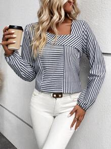 SHEIN LUNE Blusa con estampado de rayas de cuello asimétrico - Azul y blanco - Ver 3