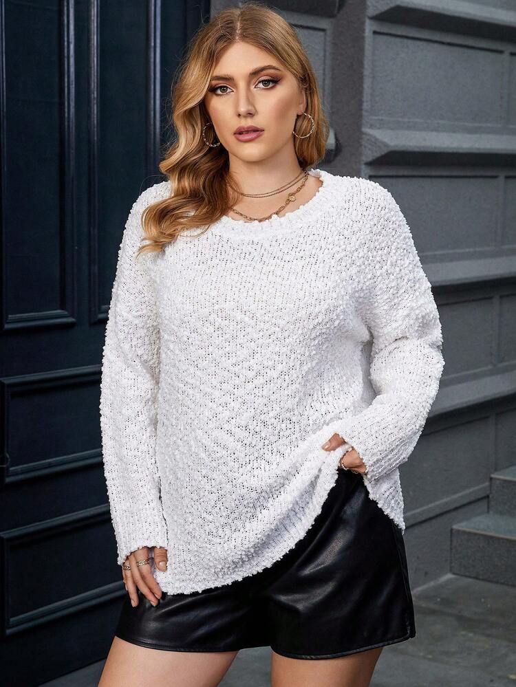 Plus Popcorn Knit Drop Shoulder Sweater Knit Pullover Fall Winter Sweater