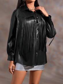 SHEIN BAE 流蘇邊PU皮革外套 - 黑色 - 查看 6