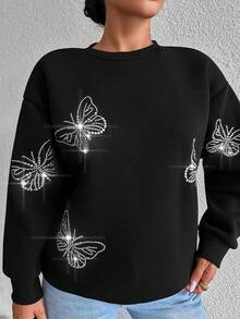 EURMUSE Pha lê Đồ họa Bướm Thả vai Áo nỉ - màu đen - Xem 5