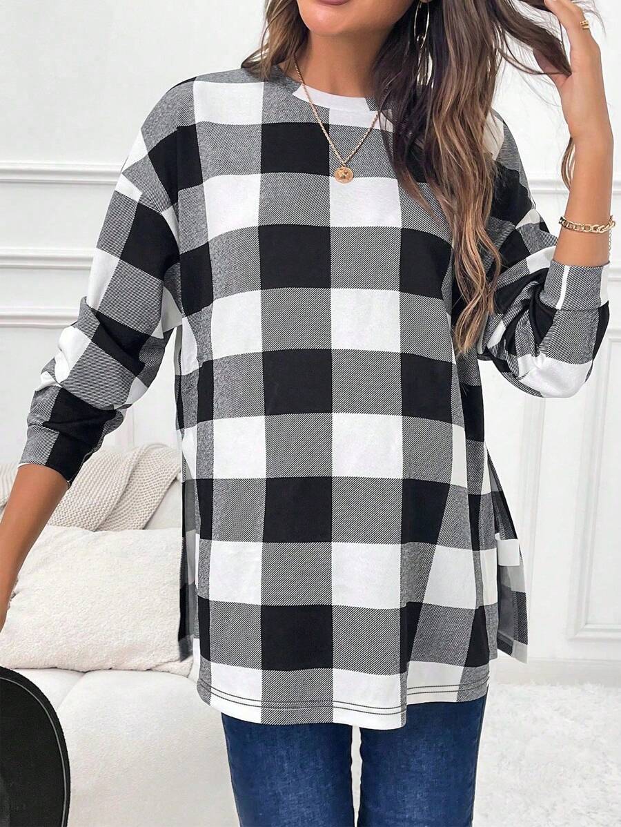 SHEIN Maternity Buffalo Plaid Print Drop Shoulder Split Hem Tee With Long Sleeve - Black and White - View 1