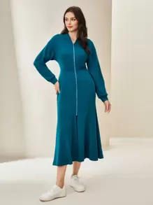 Seusyu Women Dresses Split Zip Plain Casual - Teal Blue - View 4