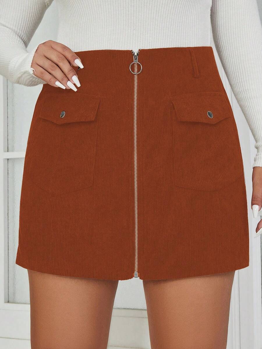 Flirla 大碼翻蓋口袋金屬圓環前拉鍊燈芯絨半身裙 - 棕色 - 查看 1