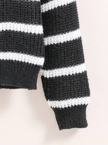 女大童條紋圖案高領落肩袖套頭毛衣 - 黑色 - 查看 4