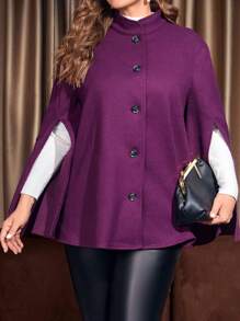 EMERY ROSE 大碼斗篷袖前紐扣斗篷大衣 - 紫色 - 查看 1