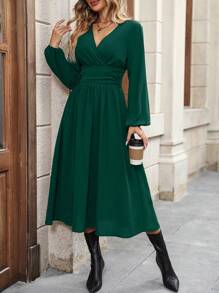 SHEIN Clasi Surplice Neck Lantern Sleeve Ruched Waist Dress
