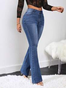 SHEIN Pantalones Acampanados De Mezclilla - Azul lavado medio - Ver 3