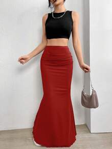 SHEIN Frenchy Chất rắn Xù Váy nàng tiên cá - Gỗ đỏ - Xem 3