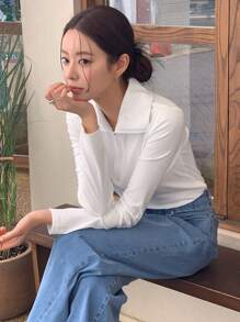 DAZY 素色高領半拉鏈T恤 - 白色 - 查看 2