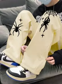 Manfinity Roghcode Loose Fit Men's Spider Printed Casual Sweatpants, Spider Sweatpants, Graphic Tees Men Baggy - Apricot - View 5