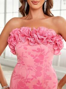 SHEIN Belle Women's Exaggerated Strapless Velvet Burnout Ruffle Tiered Mermaid Evening Dress - Pink - View 7