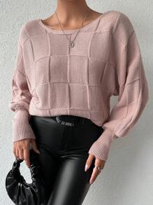 EURMUSE Women's Round Neck Solid Color Drop Shoulder Loose Knitted Sweater - Dusty Pink - View 3