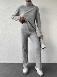 SHEIN Cottnline Turtleneck Drop Shoulder Tee & Pants - Grey - View 3