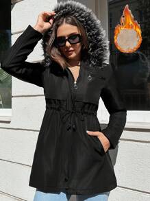 EURMUSE Drawstring Waist Fuzzy Trim Hooded Coat - Black - View 1