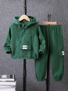 SHEIN Young Boy Letter Patched Zip Up Hooded Jacket & Pants - Green - View 1