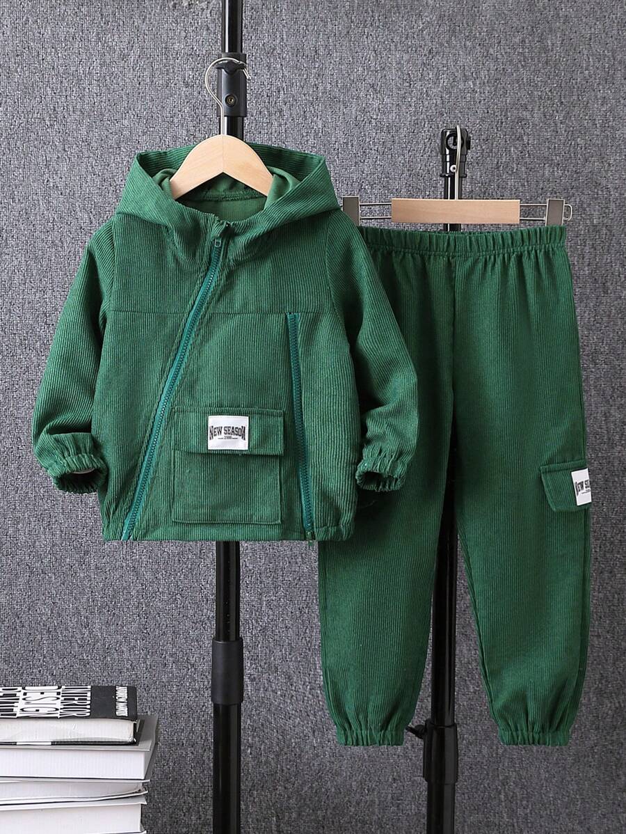 SHEIN Young Boy Letter Patched Zip Up Hooded Jacket & Pants - Green - View 1