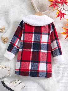 SHEIN Young Girl Plaid Print Borg Collar Flap Pocket Bow Front Overcoat - Multicolor - View 2