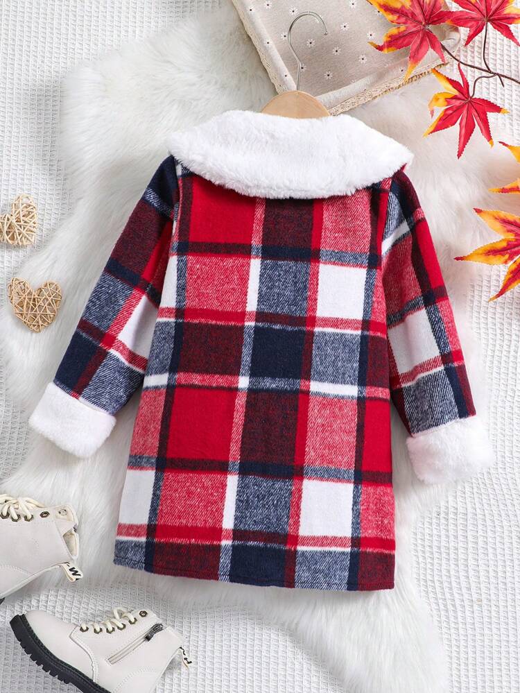 Young Girl Plaid Print Borg Collar Flap Pocket Bow Front Overcoat