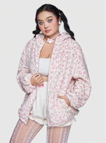 ROMWE Kawaii Plus Size Women's Leopard Hooded Jacket - Pink - View 5