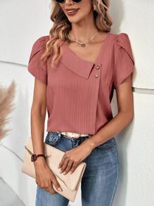 EMERY ROSE 不對稱領花瓣袖襯衫 - 藕粉色 - 查看 5