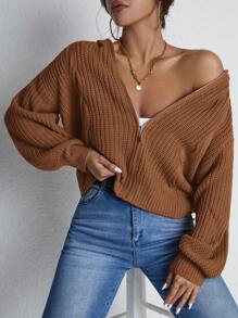 EURMUSE Drop Shoulder Zip Up Hooded Cardigan - Mocha Brown - View 4