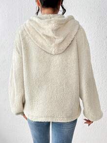 SHEIN Essnce Half Button Drop Shoulder Teddy Hoodie - Apricot - View 2