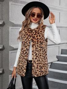SHEIN Clasi 豹紋斜插口袋絨毛外套馬甲 - 彩色 - 查看 4