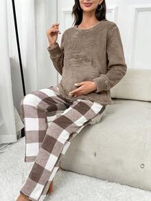 Maternity Buffalo Plaid Adjustable Waist Flannel PJ Set - Brown - View 3