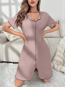 Contrast Stitch Lettuce Trim Split Hem Lounge Dress - Dusty Pink - View 4
