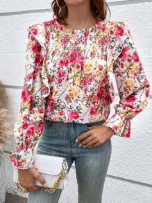 SHEIN VCAY In hoa tay áo lá sen Viền Ruffle Áo sơ mi - Nhiều màu - Xem 1