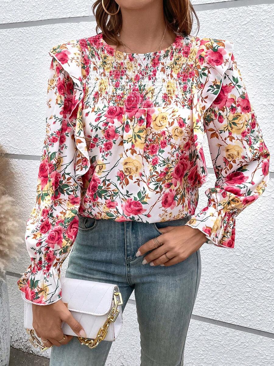 SHEIN VCAY In hoa tay áo lá sen Viền Ruffle Áo sơ mi - Nhiều màu - Xem 1