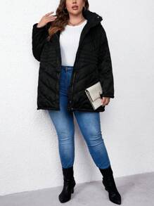 SHEIN LUNE Plus Zip Up Fuzzy Trim Hooded Padded Padded Coat Clothes Winter - Black - View 6