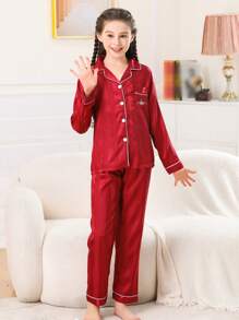 女童男童缎面睡衣套装长裤真丝纽扣式长袖字母刺绣开衫上衣适合8-13岁儿童春秋两件套家居服 - 紅色 - 查看 5
