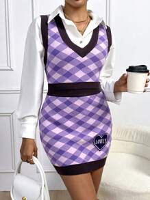 SHEIN Clasi 1 pieza Chaleco de punto con patrón de cuadros & 1 pieza Falda de punto con parche de letra ajustada - Morado - Ver 1