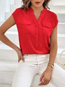 SHEIN Essnce Camisa con bolsillo con solapa de manga murciélago