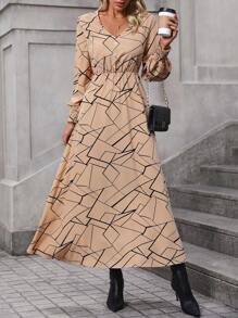 SHEIN Clasi 滿版幾何圖案燈籠袖洋裝不附腰帶 - 卡其色 - 查看 5