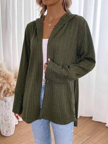 SHEIN LUNE 素色開門襟連帽外套 - 軍綠色 - 查看 5