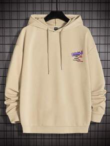 Manfinity RebelGame 男士寬鬆口袋字母圖案下垂插肩束口連帽衛衣 - 卡其色 - 查看 2