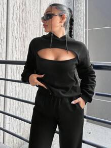 RueChic Plus Cut Out Drop Shoulder Hoodie & Sweatpants - Black - View 4