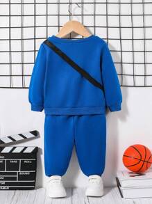 SHEIN 3 件套男女通用婴儿卡通印花圆领运动衫、裤子和斜挎包，保暖内衬，加厚 - 藍色 - 查看 2