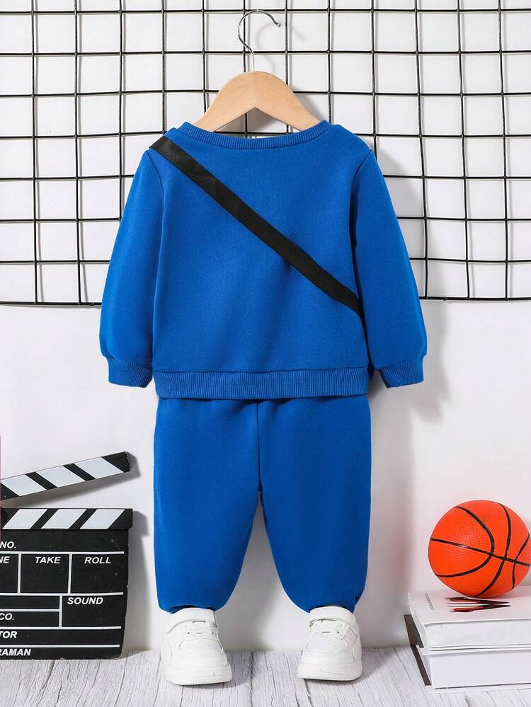 3pcs/Set Unisex Baby Cartoon Print Crew Neck Sweatshirt, Pants And Crossbody Bag, Thermal Lined, Thickened