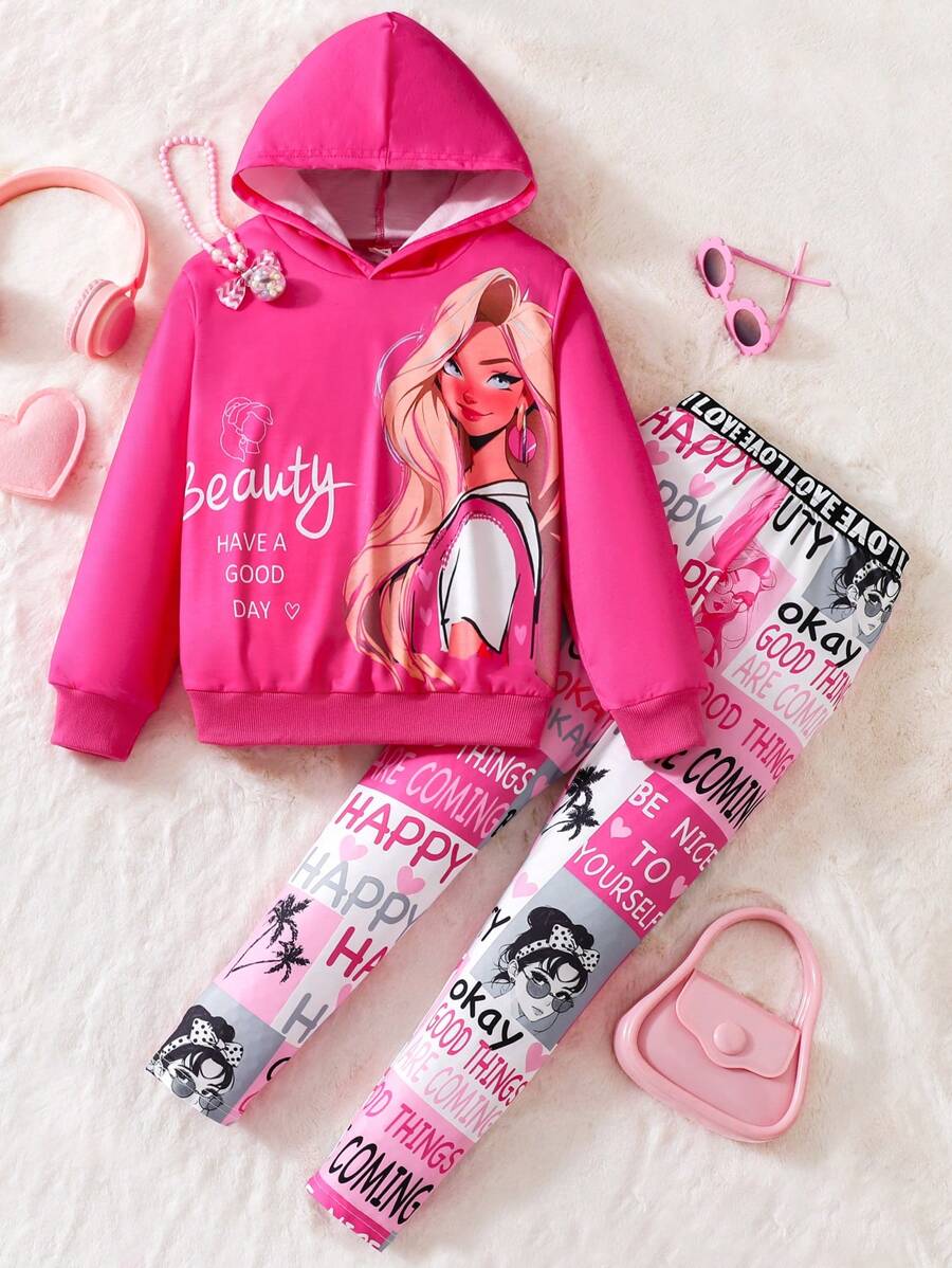 SHEIN 女大童人像圖案連帽衛衣&字母圖案緊身打底褲 - 玫紅色 - 查看 1